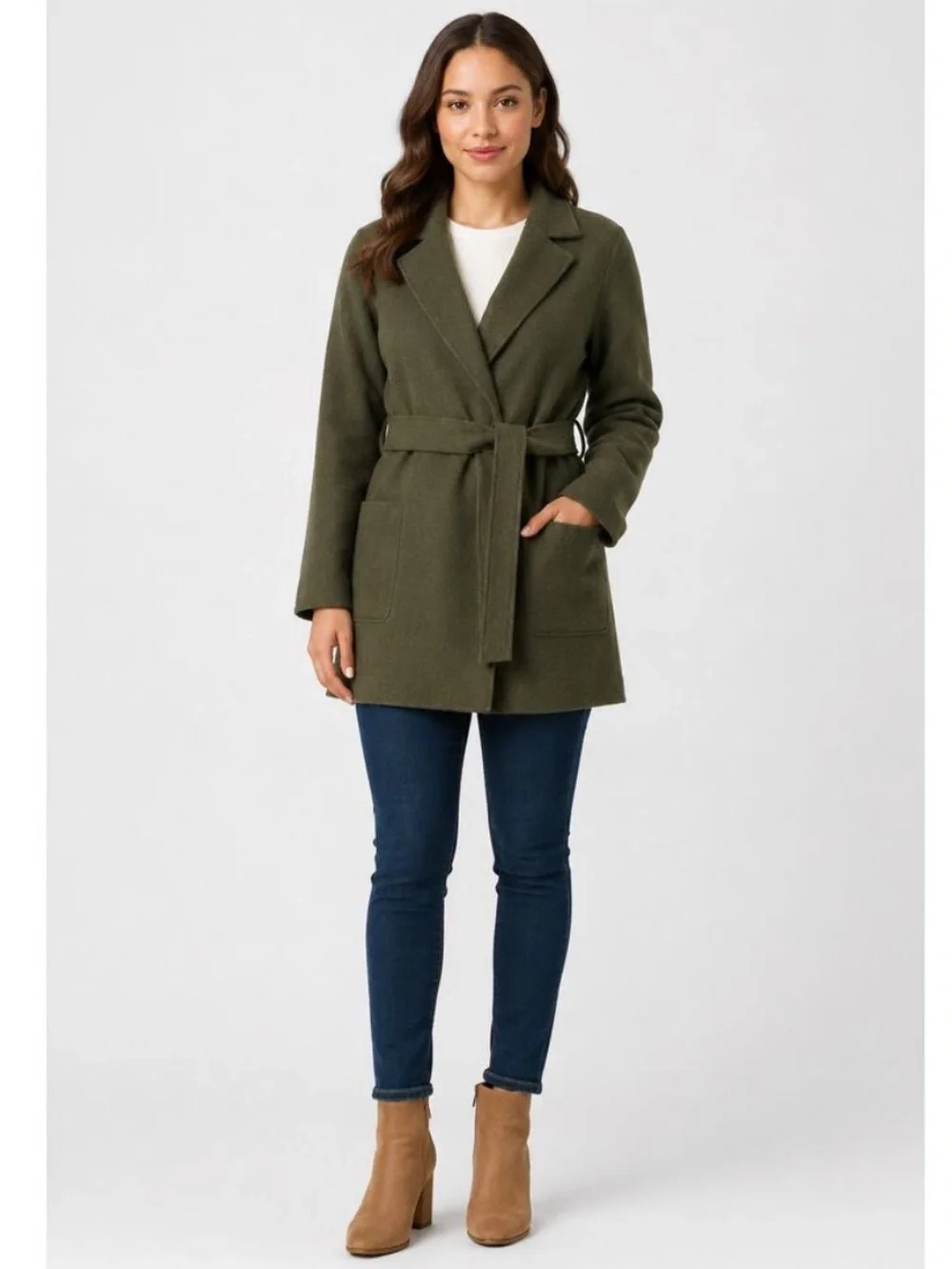 J. Crew Olive Moss Green Boiled Wool Warm Wrap Blazer Coat w Tie Belt Petite XS